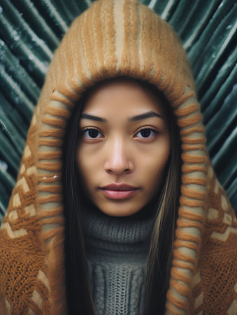 Portrait of a beautiful asian woman wearing a warm sweater and scarfの素材
