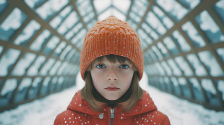 Little girl in a red jacket and a knitted hat in winter.の素材