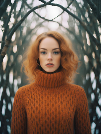 Portrait of a beautiful red-haired girl in a warm sweater on a background of trees.の素材
