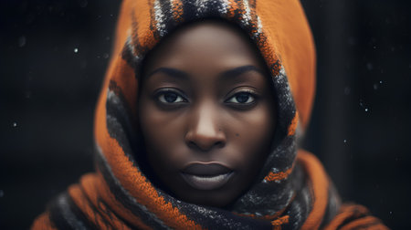 Beautiful african american woman in a knitted scarf.の素材