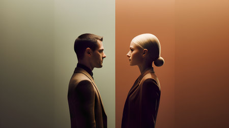 businessman and businesswoman looking at each other in the same directionの素材