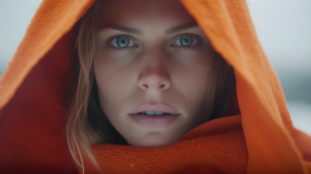 Beautiful young woman with blue eyes wearing a warm orange blanket.の素材