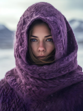 Portrait of a beautiful girl in a purple scarf on a background of snowy mountainsの素材