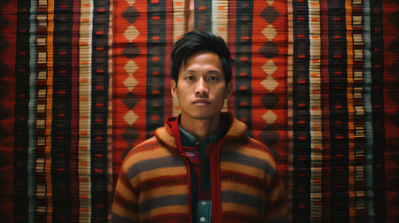 Portrait of a young handsome Asian man in a colorful sweater.の素材