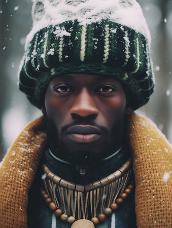 Portrait of a black man in a knitted hat and scarf on a background of a winter forest.の素材