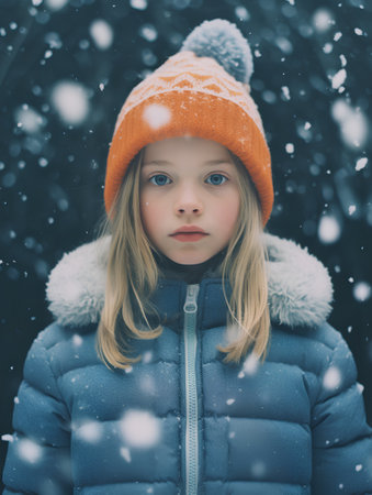 Portrait of a beautiful little girl in a winter park. Winter fashion for kids.の素材