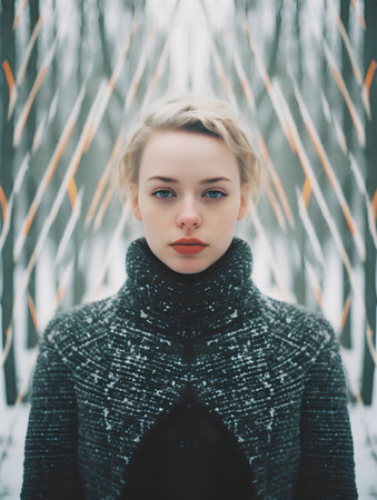 Portrait of a girl in a black sweater on a background of a winter forest.の素材