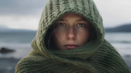 Portrait of a beautiful young woman in a green knitted scarfの素材