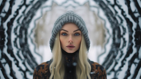 Portrait of a beautiful young woman in a winter hat and sweaterの素材