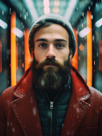 Handsome young man with long beard and moustache in red coat in the city at night.の素材