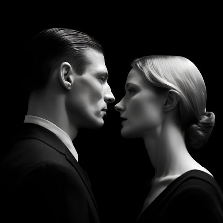 Black and white portrait of a man and woman looking at each otherの素材