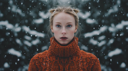 Portrait of a beautiful girl in a red sweater on a background of snowfallの素材