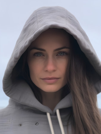 portrait of a beautiful girl in a hood on the background of the winter landscapeの素材