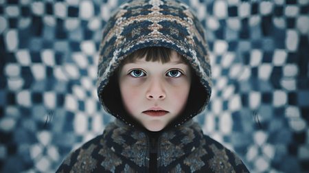 Portrait of a little boy in a knitted hat and jacketの素材