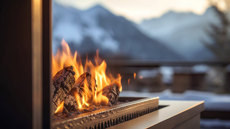 Fire in the fireplace on the background of the mountains. The concept of warmth and comfort.の素材