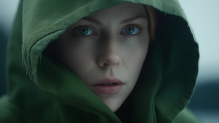 Close-up portrait of a beautiful woman in a green raincoatの素材
