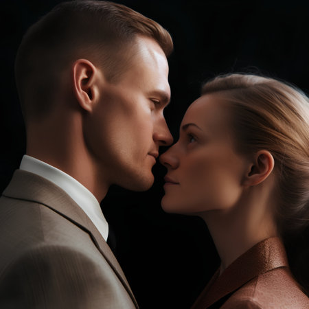 Portrait of a beautiful young couple in love on a black backgroundの素材