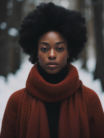 Portrait of beautiful african american woman with afro hairstyle in red winter coat.の素材