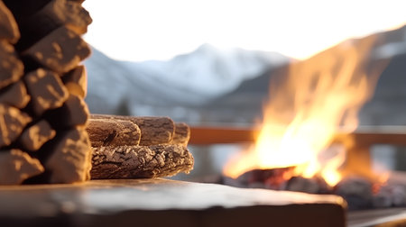 Wooden logs in front of the fireplace with mountains in the backgroundの素材