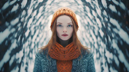 Beautiful young redhead woman in a winter hat and scarf.の素材