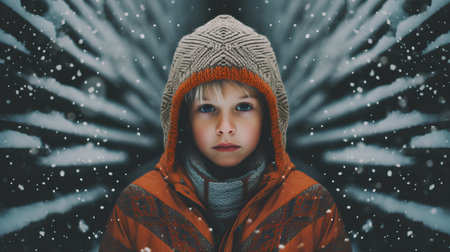 Little boy in a winter jacket and hat on a background of snowfallの素材