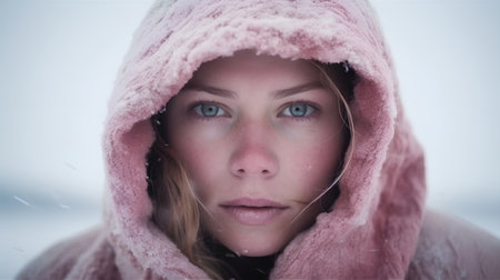 Portrait of a beautiful girl in a pink coat with a hoodの素材