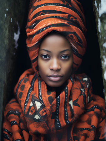 young pretty african american woman with fashion shawl on head outdoor, lifestyle people conceptの素材
