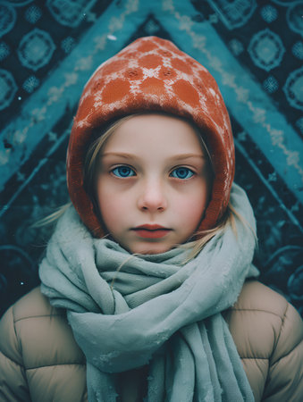 Portrait of a beautiful little girl in a warm hat and scarfの素材