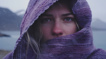 Portrait of a girl in a purple coat with a hood.の素材