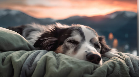 Portrait of australian shepherd dog sleeping in bed at sunsetの素材
