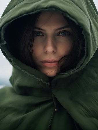 Portrait of a beautiful young woman in a green raincoat.の素材