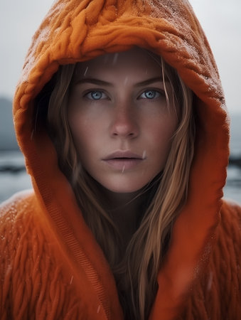 Portrait of a beautiful girl in an orange coat with a hoodの素材