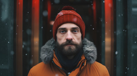 Portrait of a bearded man in a yellow jacket and red hat on a background of a winter street.の素材