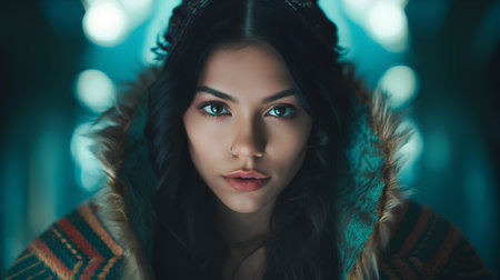 Portrait of a beautiful young brunette woman in a fur coat. Beauty, fashion.の素材