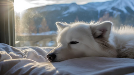 White Samoyed dog on the bed in the rays of the sunの素材