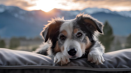 Portrait of australian shepherd dog lying on the bed at sunsetの素材