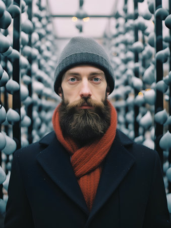 Bearded man, long beard, brutal caucasian hipster with moustache in black coat and red scarf on winter streetの素材
