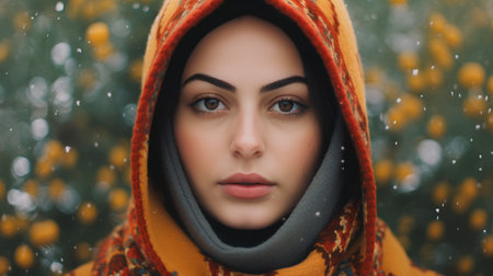 Portrait of a beautiful young woman in a warm sweater and scarf against the background of a winter park.の素材