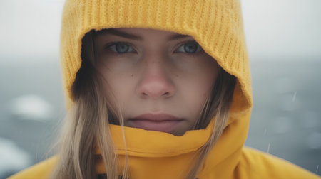 Portrait of a beautiful girl in a yellow hat and jacket.の素材