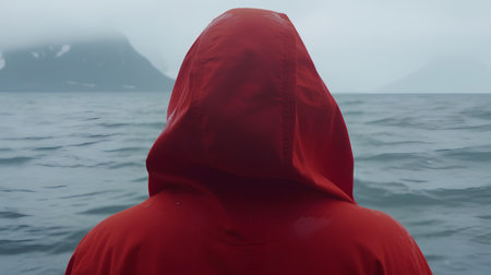 Hooded man in a red raincoat on the background of the seaの素材