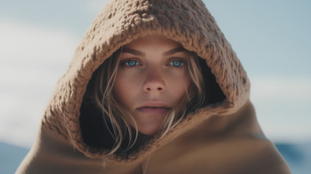 Portrait of a beautiful young woman in a warm coat with a hoodの素材