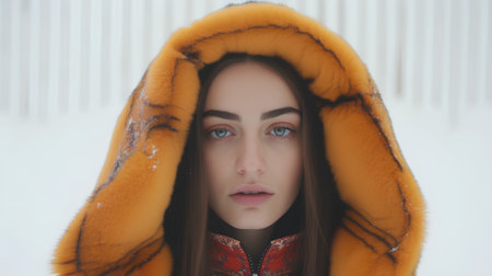 Portrait of a beautiful girl in a yellow fur coat on a white backgroundの素材