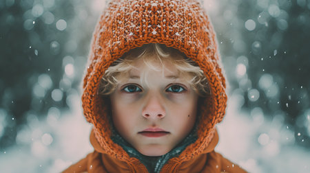 Portrait of a boy in an orange hat in the winter forestの素材