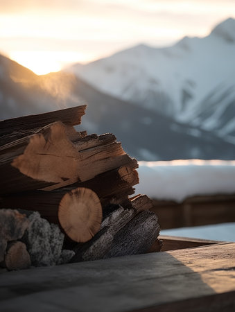 Stack of firewood on the table in front of mountains at sunsetの素材