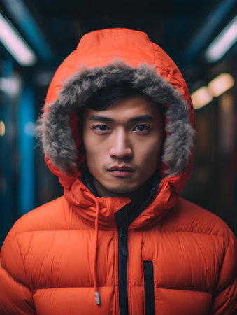 Portrait of young Asian man in orange winter jacket with fur hood.の素材
