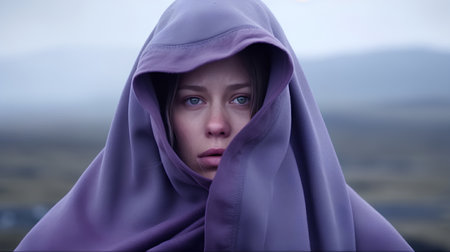 Portrait of a beautiful young woman in a purple raincoat with a hoodの素材