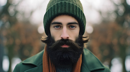 handsome bearded man with stylish hair mustache and long beard on serious face in green coat and hat on blurred backgroundの素材