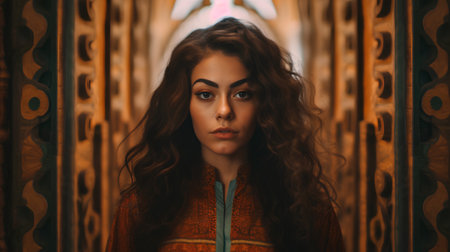 Portrait of a beautiful young woman with long curly hair in a bathrobeの素材