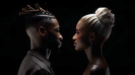 side view of african american woman and man looking at each other isolated on blackの素材