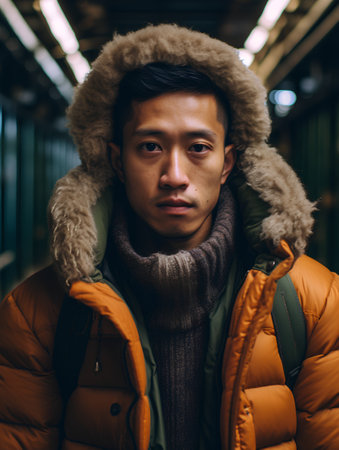 Portrait of young handsome Asian man in winter jacket at the train station.の素材